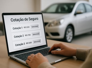 Pessoa comparando cotações de seguro de carro em notebook, com veículo prateado ao fundo desfocado.