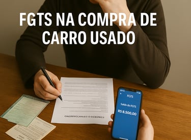 Pessoa analisando documentos de carro e contrato de financiamento com app da Caixa exibindo saldo do