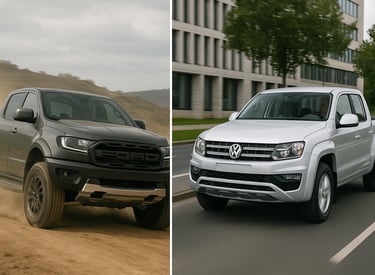 Ford Ranger Raptor em estrada de terra e VW Amarok V6 em rua urbana, lado a lado em comparação visua