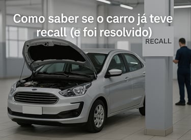 Ford Ka sedan prata com capô aberto em oficina, placa “RECALL” ao fundo e técnico desfocado à direit
