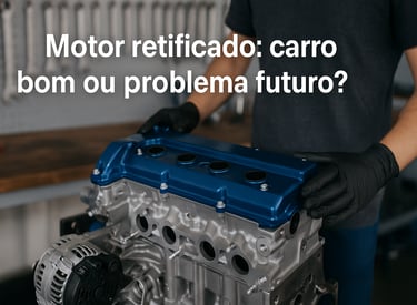 Motor retificado com tampa azul sendo finalizado por mecânico com luvas em oficina organizada.