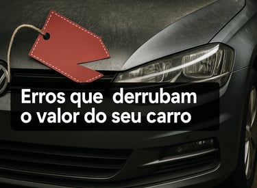 Carro usado com capô empoeirado em destaque, ao lado de uma etiqueta de preço vermelha cortada, com 