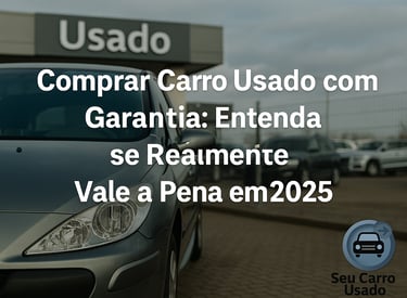Carro usado cinza escuro estacionado em frente a uma concessionária com placa "Usado". Texto na imag