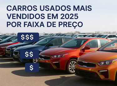 Fila de carros usados coloridos em pátio de vendas, com destaque para o texto "Carros Usados Mais Ve