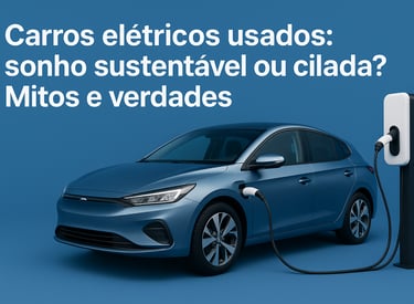 "Imagem de capa com carro elétrico azul metálico conectado a um carregador, sobre fundo azul, com a 