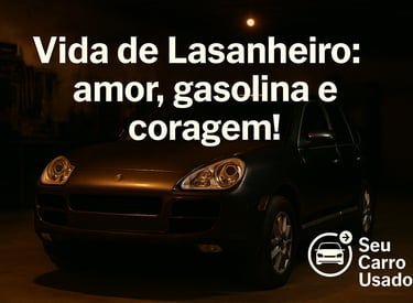 Porsche Cayenne antiga estacionada em uma garagem escura com iluminação quente e ambiente nostálgico