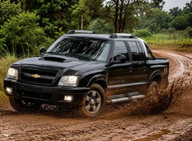 Chevrolet S10 Executive preta fazendo curva em estrada de terra com barro levantando