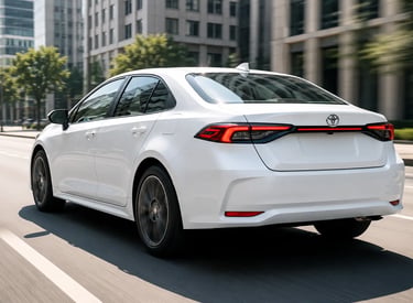 Toyota Corolla 2027 branco em movimento visto de traseira em avenida urbana moderna durante o dia
