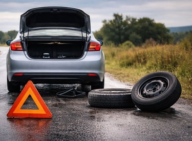 estepe de carro troca de pneu na estrada