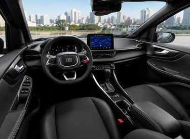 Interior do Fiat Fastback Impetus Híbrido 2026 com painel digital e central multimídia