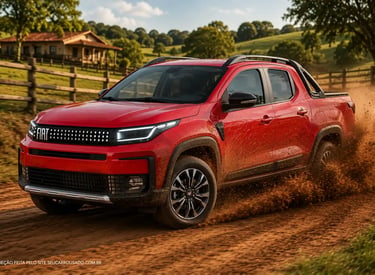 Fiat Strada 2027 cabine dupla vermelha em curva de terra com faróis acesos