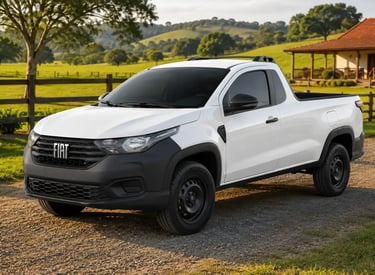 Fiat Strada Endurance branca em sítio com campo verde ao fundo