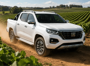 Fiat Titano Ranch branca em estrada de terra entre plantações levantando poeira