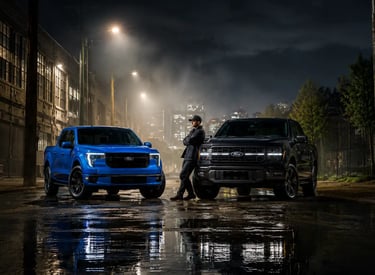 Ford Maverick e F-150 estacionadas em rua urbana iluminada durante a noite