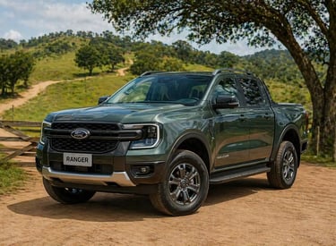 Ford Ranger em cenário rural brasileiro com estrada de terra e paisagem natural ao fundo