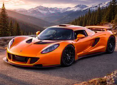 Hennessey Venom GT laranja em estrada de montanha ao pôr do sol