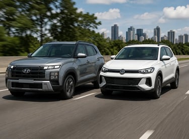 Hyundai Creta cinza e Volkswagen Tera branco lado a lado em rodovia em movimento