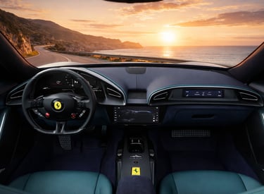 interior da Ferrari Amalfi Spider com painel digital e volante esportivo