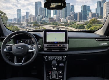 Interior do Jeep Renegade 2027 com central multimídia e painel digital moderno