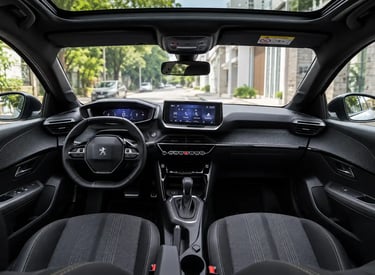 Interior do Peugeot 208 com teto panorâmico, painel digital e cabine moderna