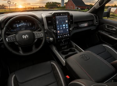 Interior da Ram 1500 America250 com painel digital e acabamento premium em cenário de fazenda