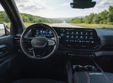Interior da Silverado EV RST 2026 com painel digital e central multimídia moderna