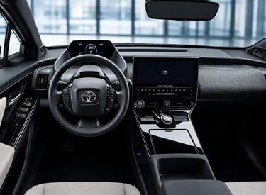 Interior do Toyota bZ4X 2026 com painel digital e central multimídia ampla