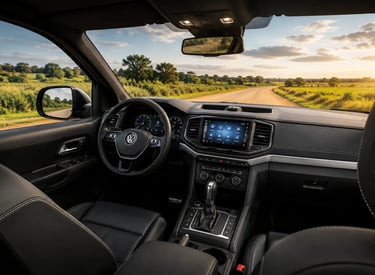 Interior da Volkswagen Amarok V6 com painel moderno e vista para estrada rural