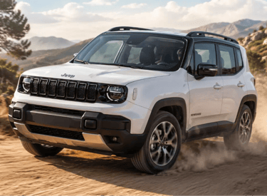 Jeep Renegade branco em estrada de terra com paisagem montanhosa ao fundo