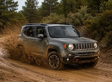 Jeep Renegade Diesel 4x4 fazendo curva em trilha com lama