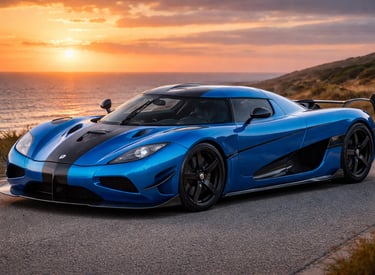 Koenigsegg Agera RS azul em estrada costeira ao pôr do sol