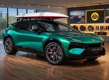 SUV híbrido Lotus For Me verde em showroom com visual premium e alta performance