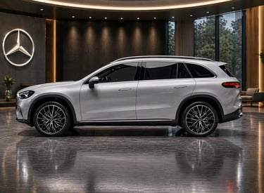 Mercedes GLC L EV elétrico 800V vista lateral em showroom moderno de apresentação