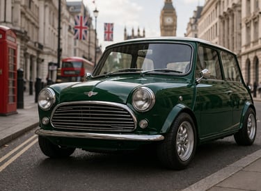 Mini Cooper clássico vermelho em Londres com Big Ben ao fundo e estilo icônico britânico