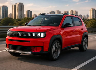 Novo Fiat Argo vermelho em movimento em rodovia com cenário urbano ao fundo