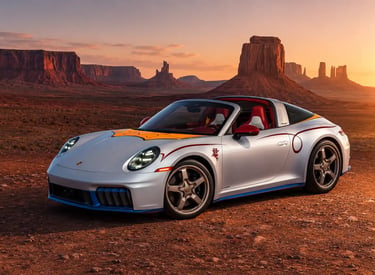 Porsche 911 Targa inspirado em Jessie de Toy Story em cenário desértico