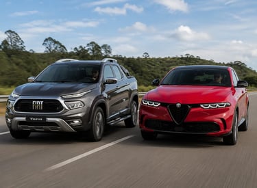 Fiat Toro e Alfa Romeo Tonale lado a lado em movimento em rodovia