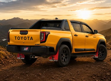 Toyota Hilux GR Parts vista de traseira em estrada de montanha ao pôr do sol