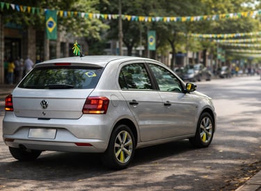 carro decorado para Copa do Mundo em rua enfeitada com bandeiras do Brasil