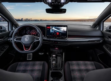 Interior do Volkswagen Golf GTI 2026 com painel digital e central multimídia em destaque.