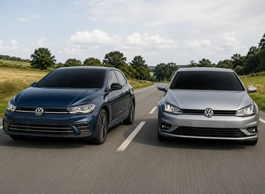 Volkswagen Polo Highline 2024 e Golf Comfortline 2019 lado a lado em rodovia