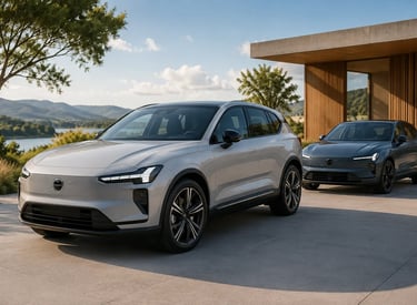 Dois SUVs elétricos da Volvo com design Martelo de Thor estacionados em área moderna ao ar livre