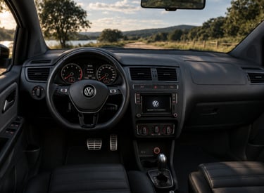 Interior do VW CrossFox usado com painel e volante em destaque