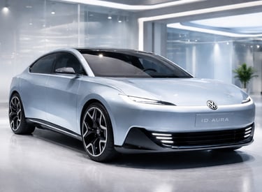 VW ID.Aura 2026 azul claro SUV elétrico em salão moderno destacando design futurista e tecnologia Li