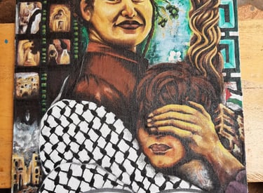 Painting of an activist holding a child protectively