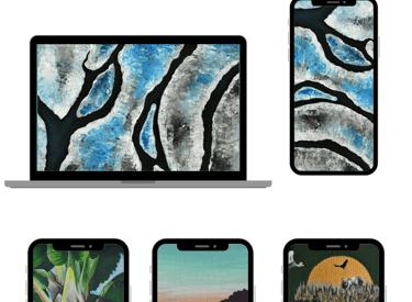 Examples of Amu art on phone and laptop wallpaper.