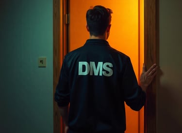 homme devant porte ouverte avec une veste noire DMS