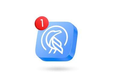 Ícone 3D azul com pássaro estilizado, círculos e notificação, simbolizando branding em Maringá.