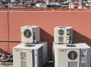 An outdoor air conditioning unit is mounted against a wall with a cracked and peeling surface. The unit displays a prominent TCL logo. Electrical cables are visible around the installation, with some pipes and barbed wire in the foreground, suggesting a secure or restricted area.