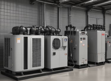 A series of air conditioning units are mounted on a metal structure outside a building with white paneling. Two large windows are visible behind the units, revealing the indoors with fluorescent lighting.